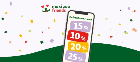 Smartphone met exclusieve kortingsaanbiedingen van maxi zoo friends – 15 %, 10 %, 20 % en 25 % op witte achtergrond met kleurrijk confetti