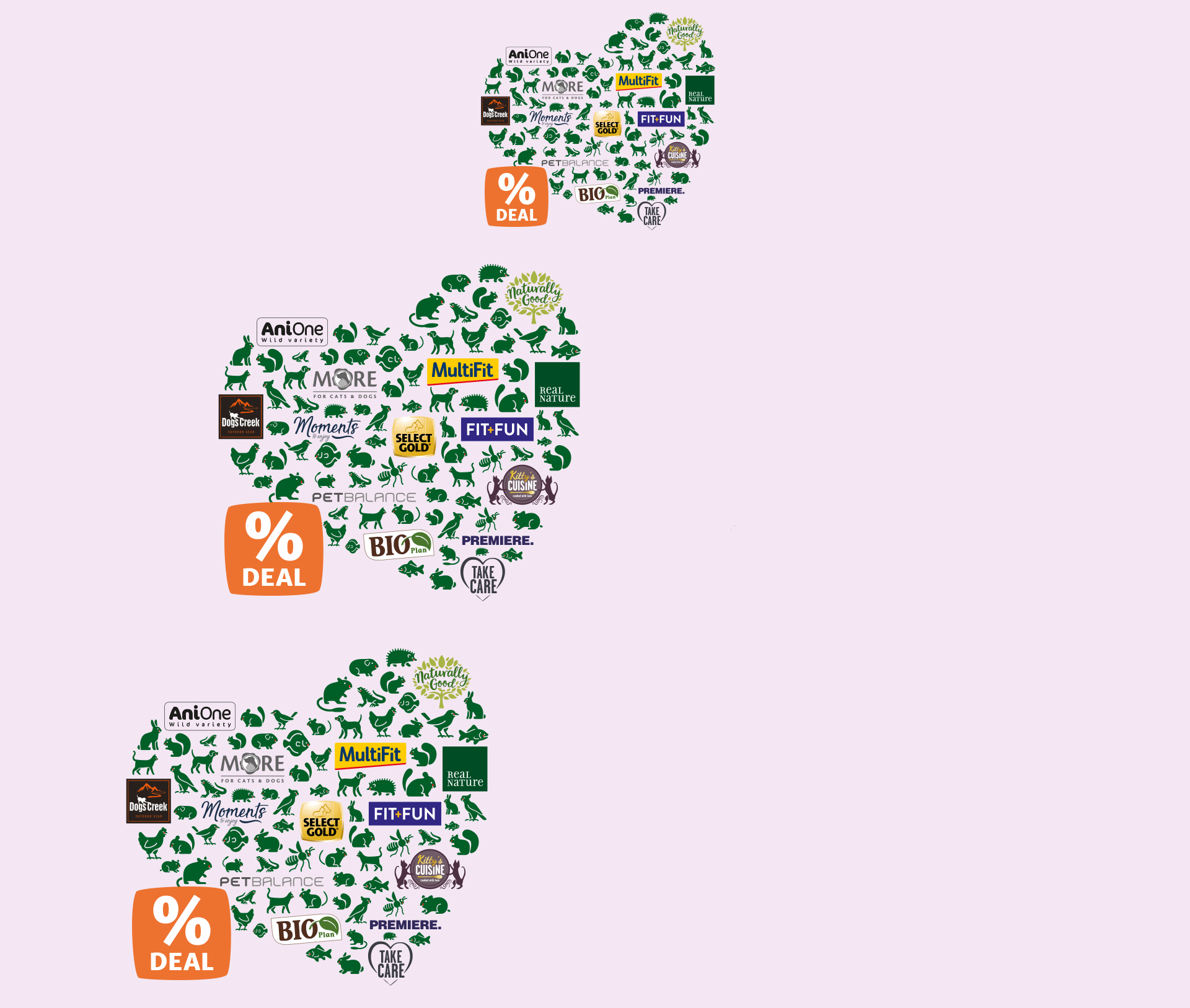 Trzy odciski łap z zielonych sylwetek zwierząt i logo marek karmy dla zwierząt takich jak AniOne, MultiFit, Select Gold, Fit+Fun, Real Nature, Dog's Creek, Moments, PetBalance, Bio Plan, Premiere, Kitty's Cuisine i Take Care z pomarańczowym symbolem % DEAL na jasnoróżowym tle.