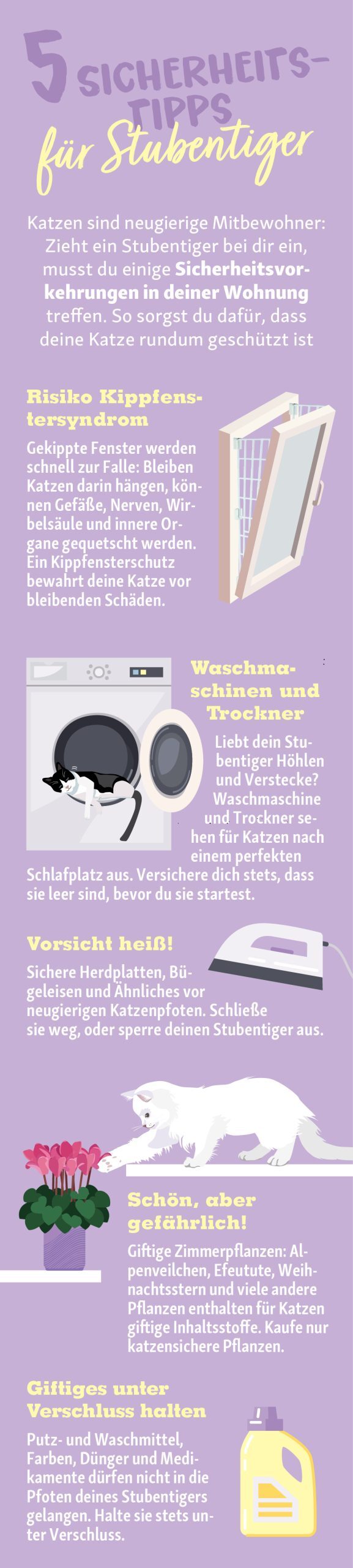 Fünf Sicherheitstipps für Stubentiger: Schutz vor Kippfenstersyndrom, Waschmaschinen, heißen Herdplatten, giftigen Pflanzen und gefährlichen Reinigungsmitteln.