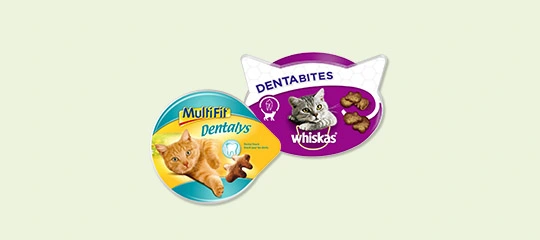 Twee verpakkingen kattenvoer, Multifit Dentalys met een oranje kat en Whiskas Dentabites met een grijze kat, beide voor tandverzorging bij katten.