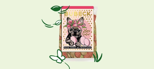 Emballage de friandises pour chiens Bubeck avec bouledogue français et couronne de fleurs, biscuits au blé avec viande tendre