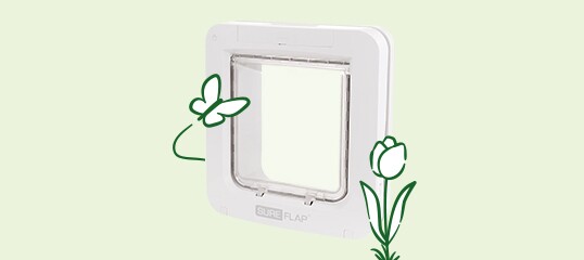 Weißer SureFlap Haustierklappe mit transparentem Schwingtürchen, dekoriert mit Schmetterling und Tulpe, Haustierzugangstür für Katzen und kleine Hunde