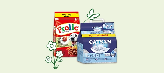 Frolic Hundefutter 1,5 kg + 200 g Extra und Catsan Hygiene Plus Katzenstreu 9L + 10 % gratis auf hellem Hintergrund mit Blumenillustrationen