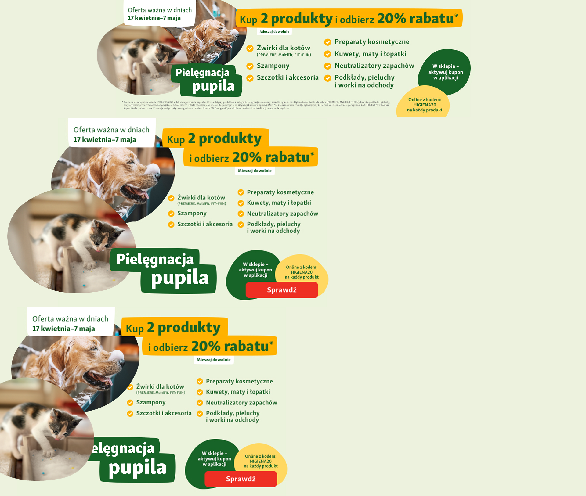 Reklama produktów do pielęgnacji pupila z psem i kotem, 20% rabatu przy zakupie 2 produktów, oferta ważna od 17 kwietnia do 7 maja, w tym żwirki, szampony i akcesoria