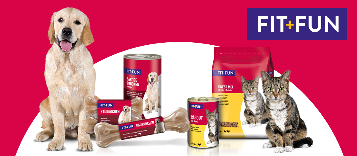 FIT+FUN pet food with happy Golden Retriever, dog chew bones, wet food, and a sitting cat next to canned and dry cat food