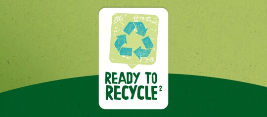 Milieuvriendelijk recyclingsymbool met blauwe pijlen en tekst 'Ready to Recycle²' op groene achtergrond