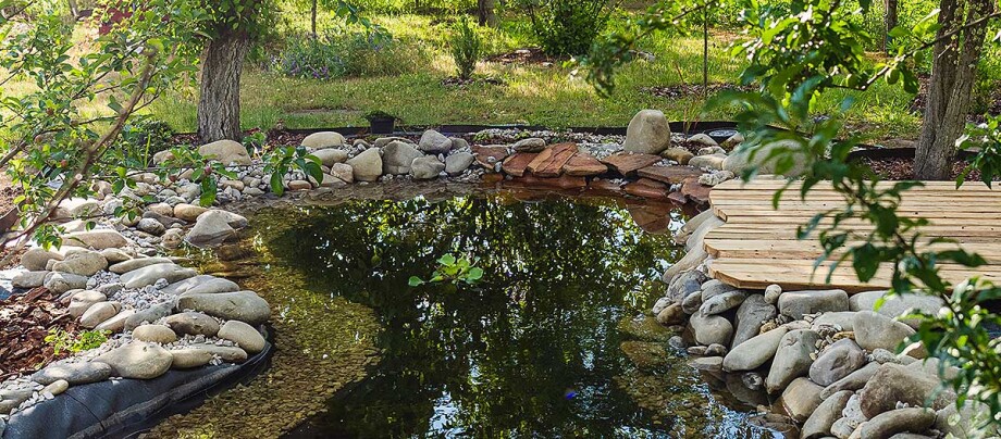 Gartenteich mit Dekoration und Steinen