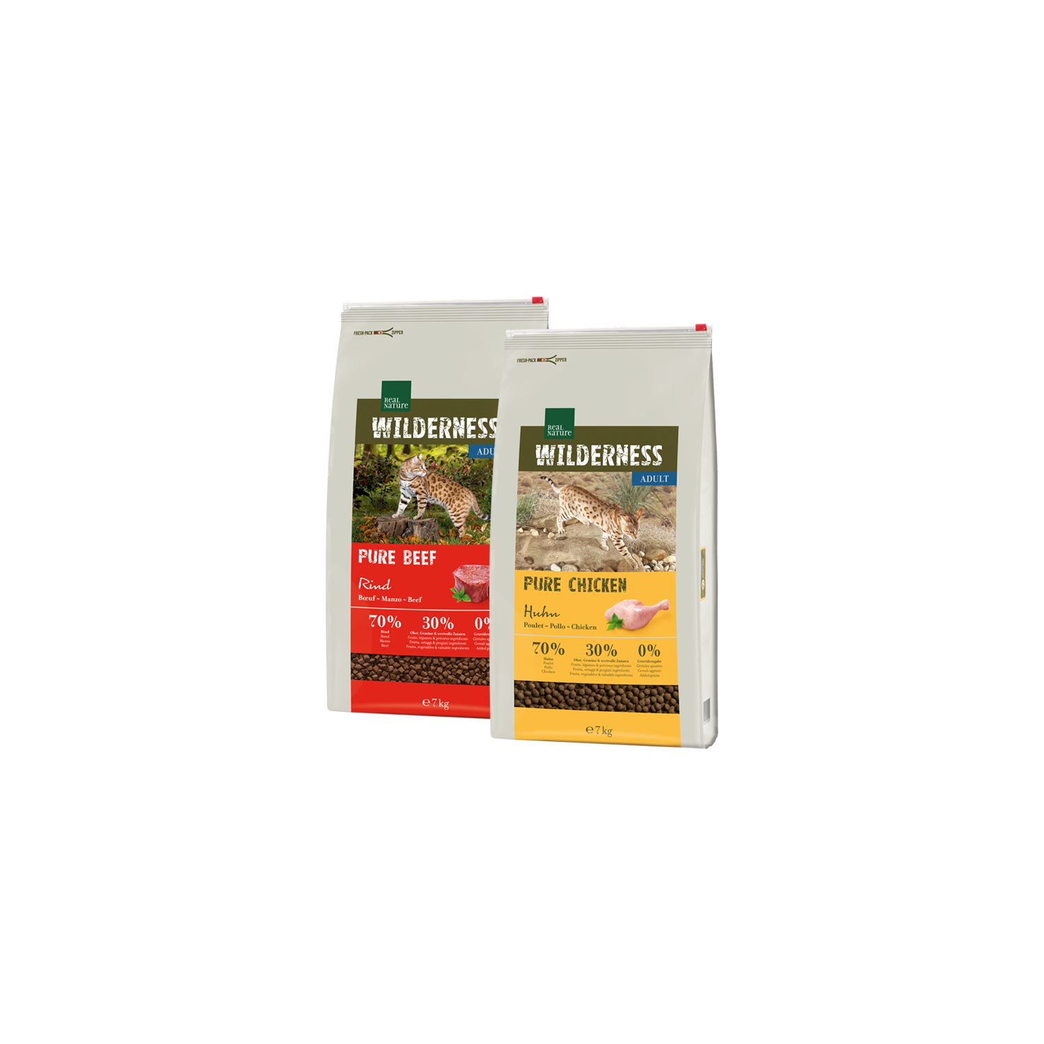 Abgebildet sind zwei Packungen Katzentrockennahrung 7 kg in den Sorten Pure Beef und Pure Chicken der Marke REAL NATURE WILDERNESS.