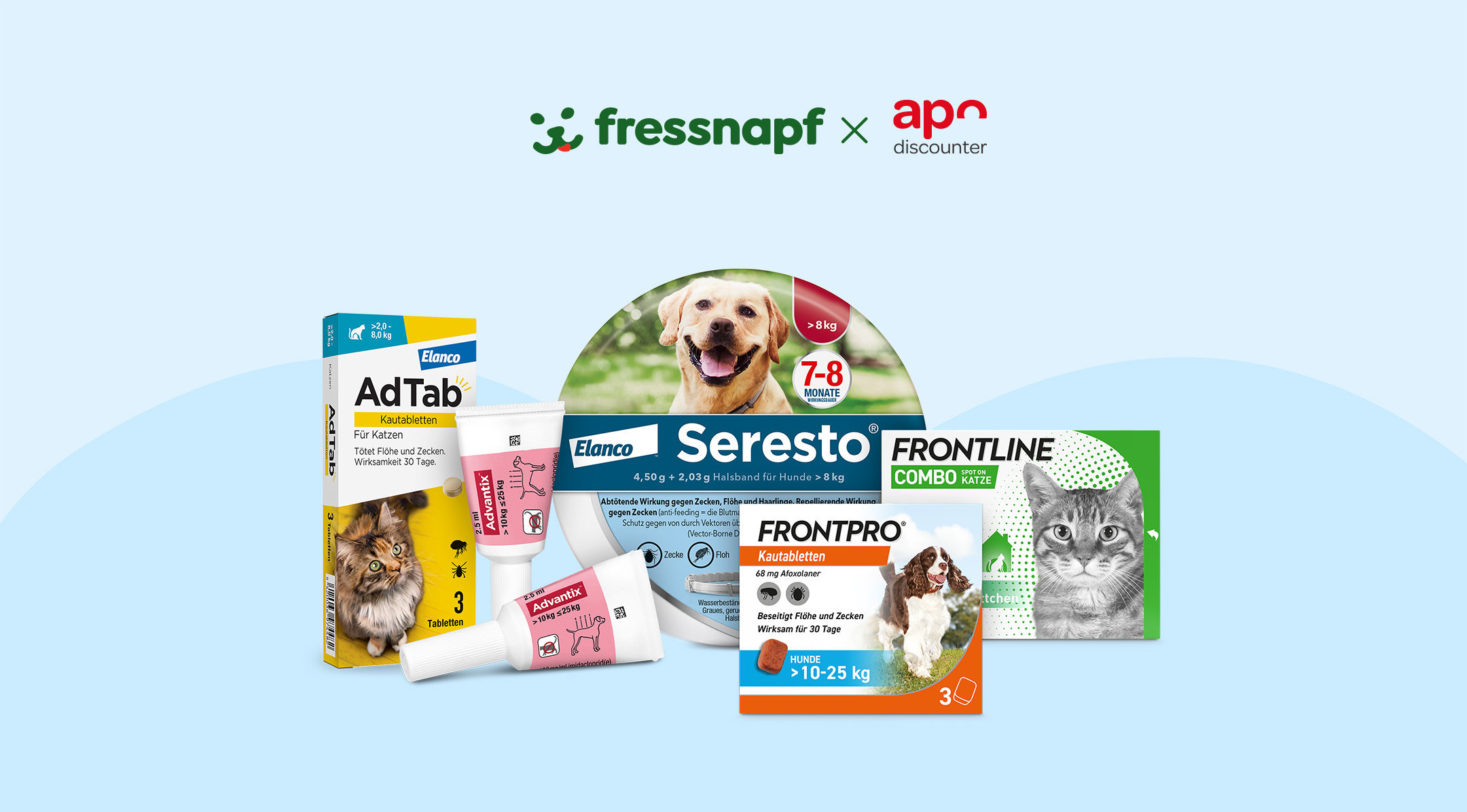 Apotheke Servicewelt Teaser 2160x1196 pixels Fressnapf und apo discounter Floh- und Zeckenschutzprodukte für Katzen und Hunde mit Seresto Halsband, Frontline Spot-on, Advantix und AdTab Tabletten