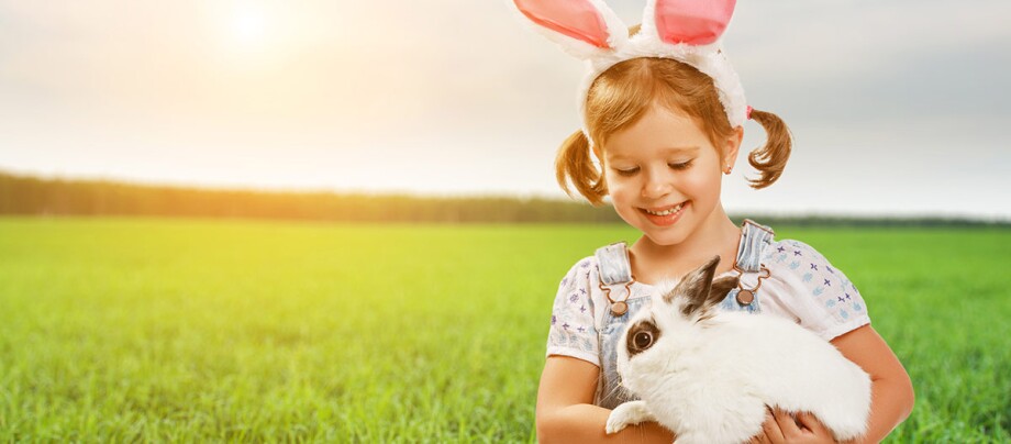 Ein Mädchen hält ein Kaninchen auf dem Arm während es auf einer grünen Wiese sitzt