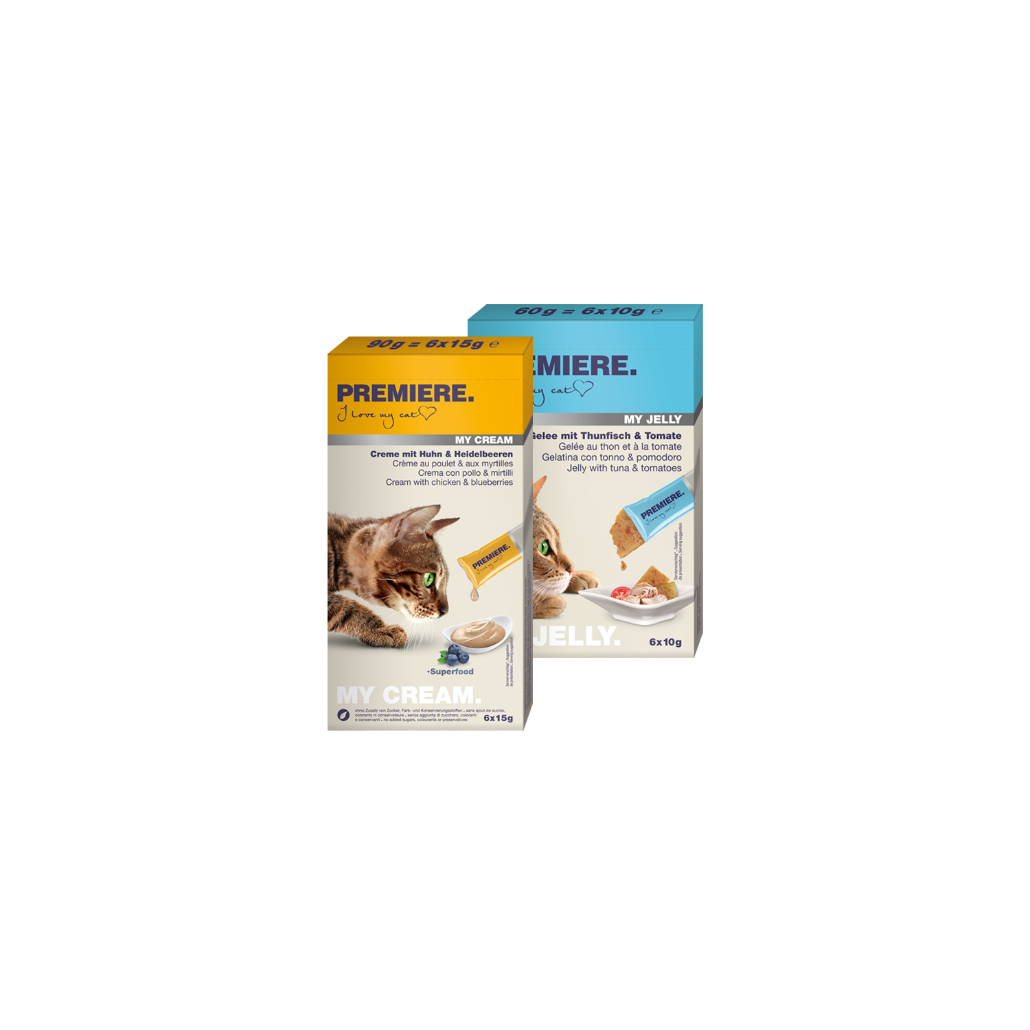 Abgebildet sind zwei Packungen Katzensnacks in den Sorten My Cream Huhn und Heidelbeere und My Jelly Gelee mit Thuhnfisch und Tomate der Marke PREMIERE.