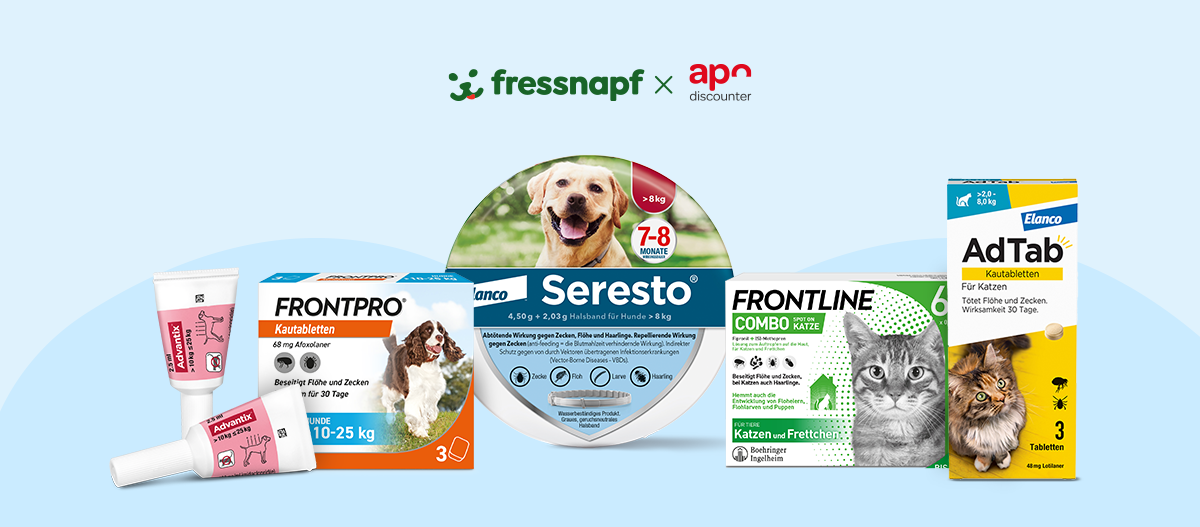 Kooperation Fressnapf X apodiscounter.de Verschiedene Floh- und Zeckenschutzprodukte für Hunde und Katzen von fressnapf und apo discounter, inklusive Advantix, FRONTPRO, Seresto, FRONTLINE Combo und AdTab