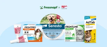 Verschiedene Floh- und Zeckenschutzprodukte für Hunde und Katzen von fressnapf und apo discounter, inklusive Advantix, FRONTPRO, Seresto, FRONTLINE Combo und AdTab