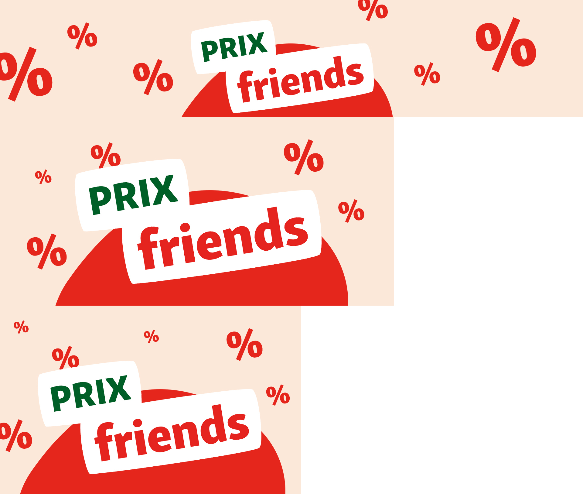 FR_Allgemein_Friends_Prices_SB__PLP und Stage Teaser 1920 x 1626 Promotion avec le texte 'PRIX friends' et des symboles de pourcentage rouges sur fond beige, représentant des réductions et offres spéciales