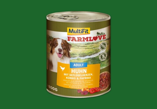 Dose MultiFit FarmLove Hundefutter für Erwachsene mit Huhn, Geflügelherzen, Kürbis und Paprika, zuckerfrei und getreidefrei, 800g