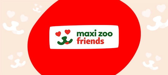 Logo Maxi Zoo Friends avec des cœurs rouges et des empreintes de pattes sur fond beige