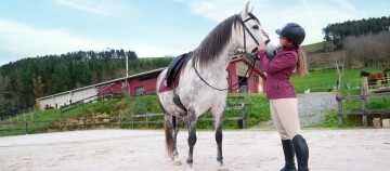 Frau in Reitkleidung mit Helm streichelt ein gesatteltes graues Pferd auf einem Reitplatz vor ländlicher Kulisse mit Scheune und grünen Hügeln.