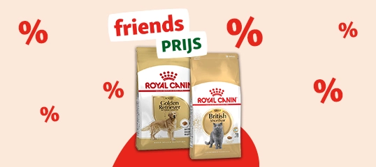 Twee Royal Canin voerzakken voor Golden Retriever en British Shorthair met kortingssymbolen en 
