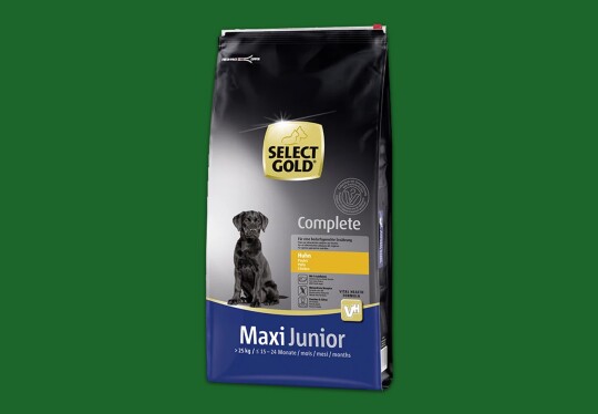 Select Gold Complete Maxi Junior nourriture pour chiots de grandes races, plus de 25 kg, 15-24 mois, saveur poulet, formule Vital Health, emballage refermable