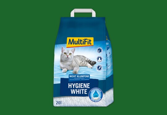 Litière pour chat MultiFit Hygiene White 20 litres, non agglomérante, absorbant les odeurs, avec image d'un chat gris allongé sur fond bleu et blanc