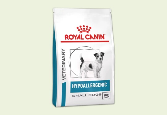 Royal Canin veterinär hypoallergenes Hundefutter für kleine Hunde mit Bild eines kleinen Hundes auf der Verpackung