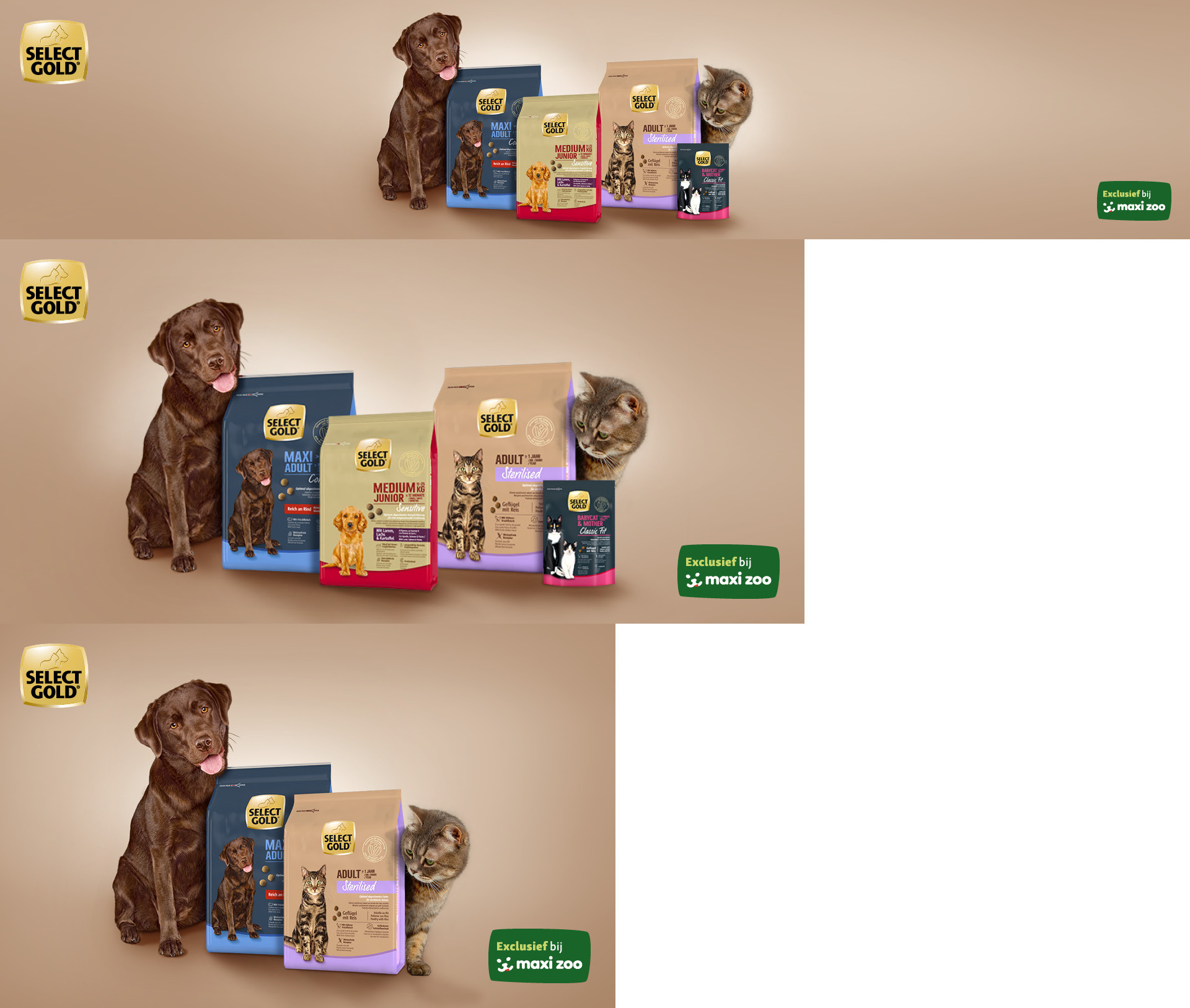 Select Gold honden- en kattenvoerproducten met bruine hond en grijze kat, exclusief bij Maxi Zoo.