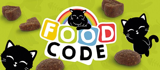 Bunte Grafik mit dem Schriftzug FOOD CODE, schwarzen Katzen und Katzenfutterstücken auf grünem Hintergrund