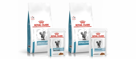 Royal Canin veterinär Katzenfutter Sensitivity Control und Hypoallergenic mit Nassfutter für Haut und Fell