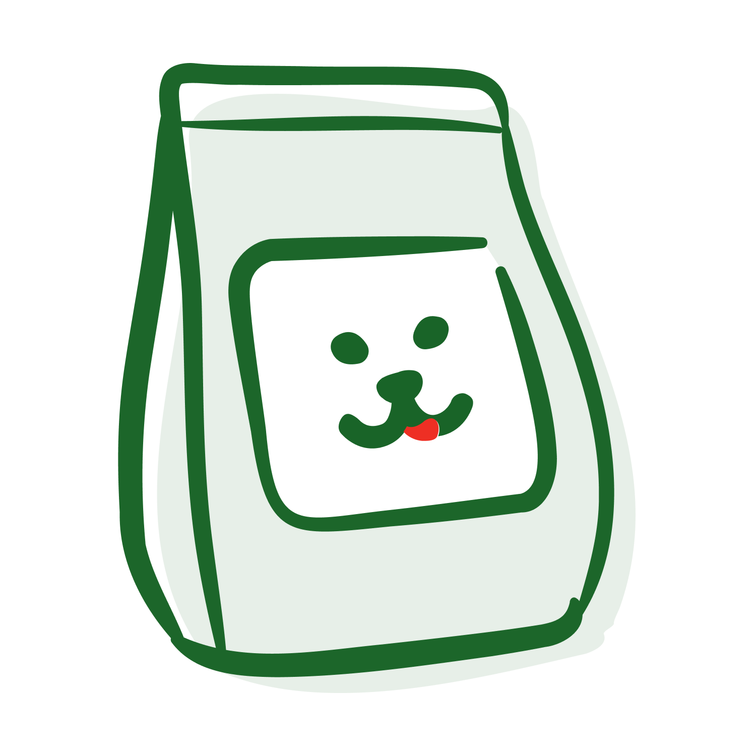 ill_emoticon_product Illustration eines Hundefutterbeutels mit einem stilisierten Hundegesicht auf der Verpackung