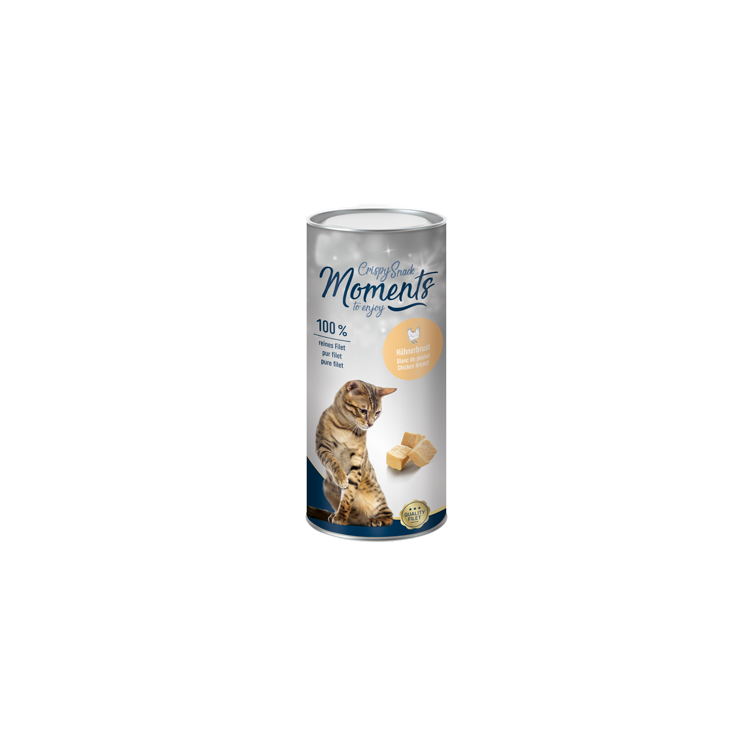 Abgebildet ist eine Packung Crispy Katzensnack 25 g in der Sorte Huhn der Marke MOMENTS.