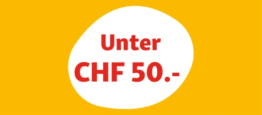Preisangebot unter CHF 50 auf gelbem Hintergrund mit weißer Blase