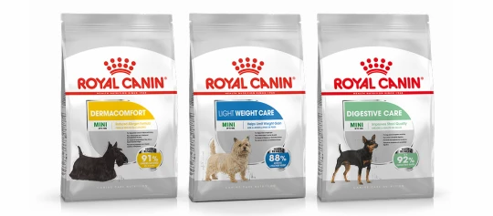 Drei Royal Canin Hundefutterbeutel für kleine Hunde mit speziellen Formeln: Dermacomfort für Hautkomfort, Light Weight Care zur Gewichtskontrolle und Digestive Care für bessere Verdauung.