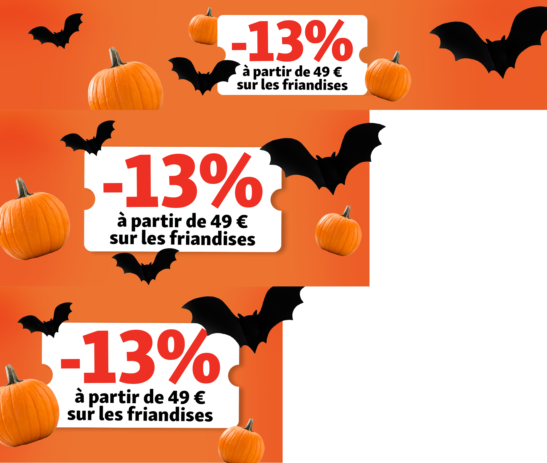Bannière promotionnelle Halloween avec citrouilles et chauves-souris, -13% à partir de 49 € sur les friandises