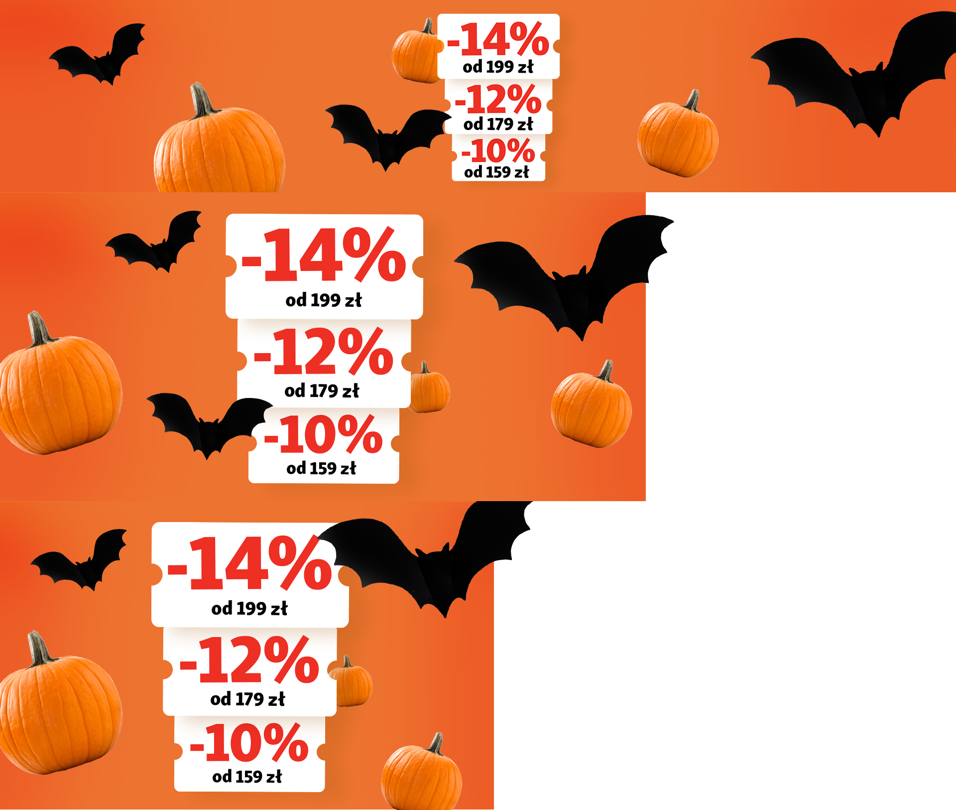 Promocja halloweenowa z dyniami, nietoperzami i rabatami -14 %, -12 %, -10 % przy zakupach od określonej kwoty w złotych.