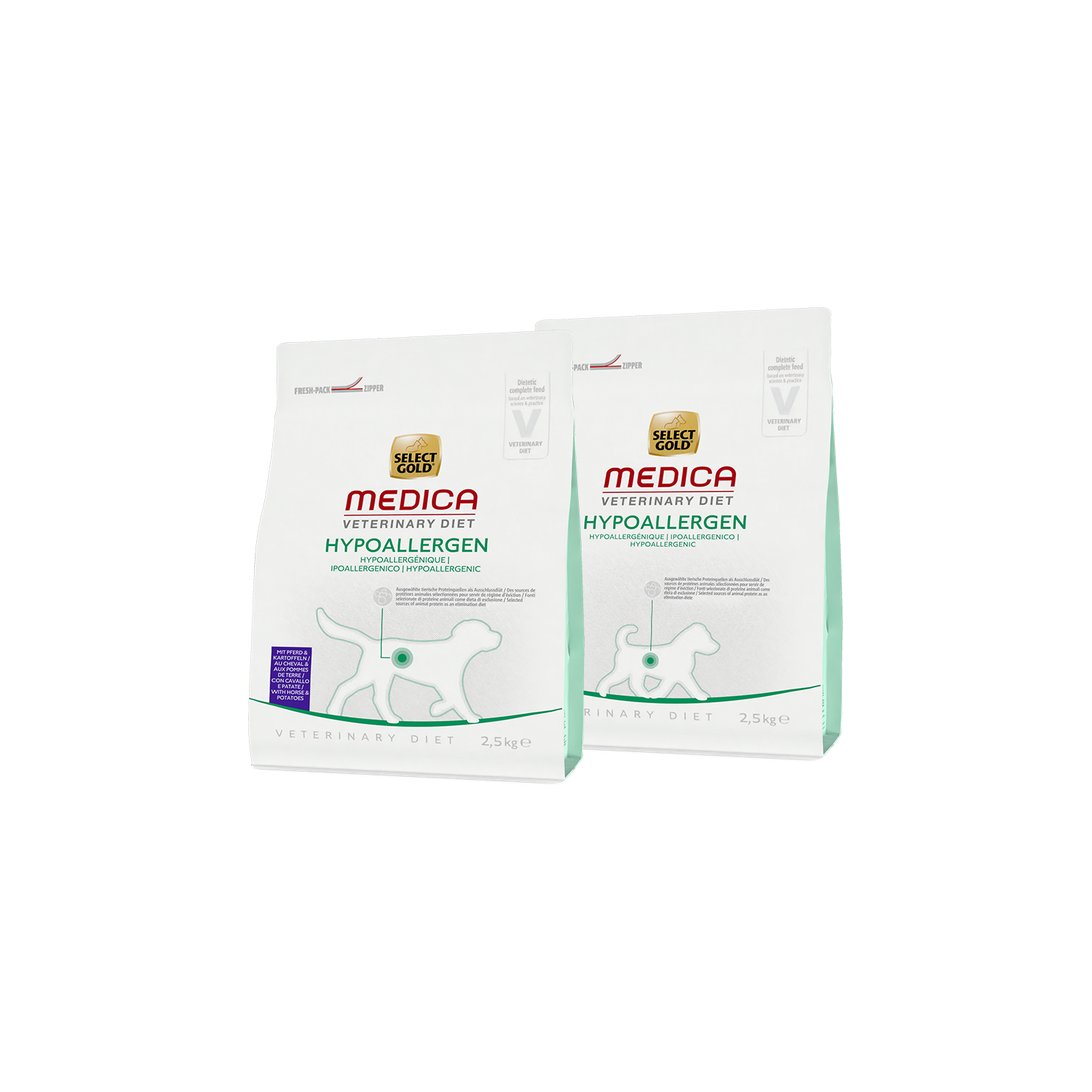 Abgebildet sind zwei Packungen Hundetrockennahrung 2,5 kg in den Sorten Hypoallergen Adult mit Pferd und Karotte und Hypoallergen Mini Adult Pferd und Karotte der Marke SELECT GOLD Medica.