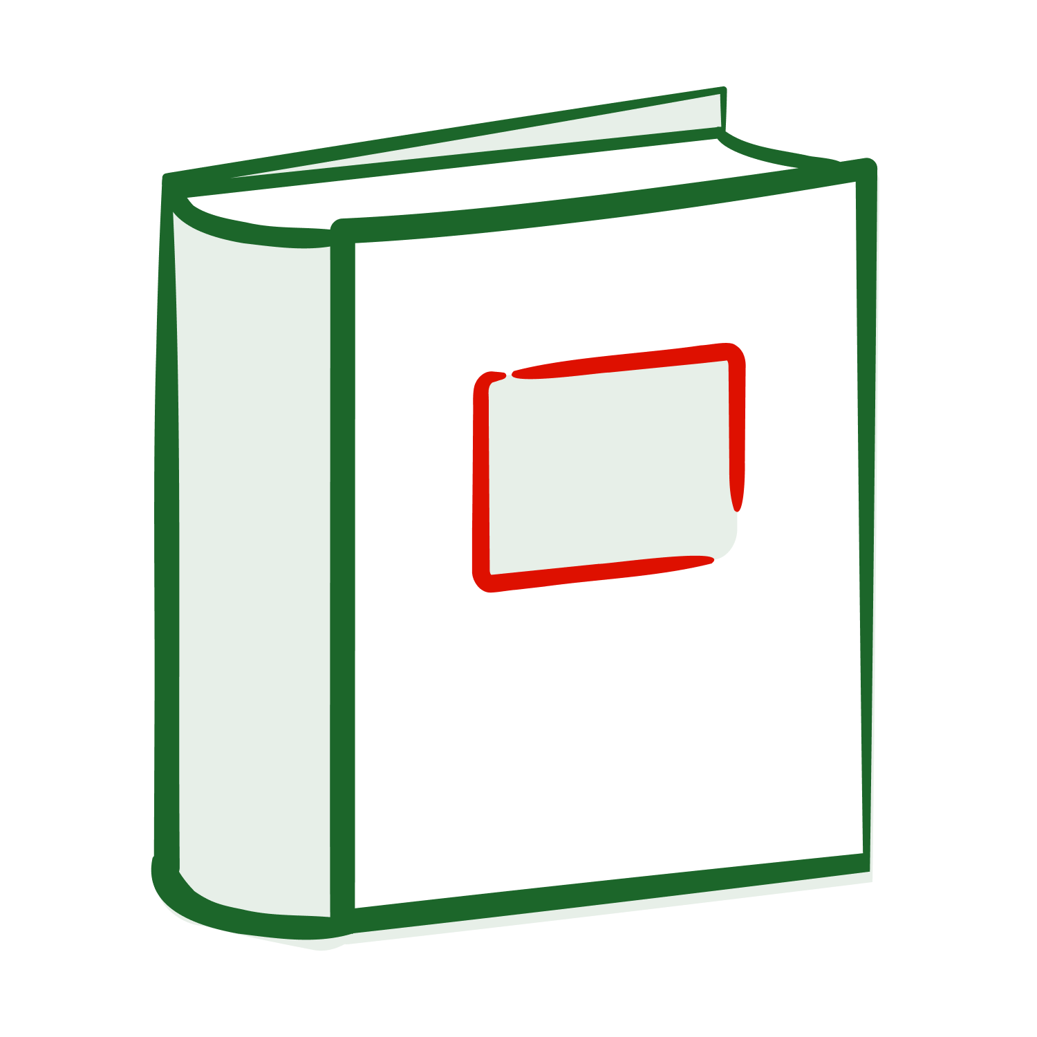 ill_emoticon_book Illustration eines geschlossenen Buches mit grünem Rand und rechteckigem Etikett auf dem Einband