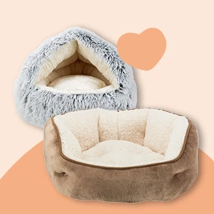 Gemütliches graues Höhlenbett und braunes rundes Haustierbett mit weichem Innenfutter für Katzen und kleine Hunde