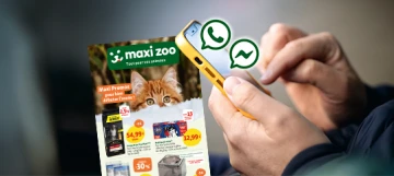 Personne tenant un smartphone avec les icônes WhatsApp et Messenger, en arrière-plan un flyer Maxi Zoo avec une photo de chat et des offres pour animaux.