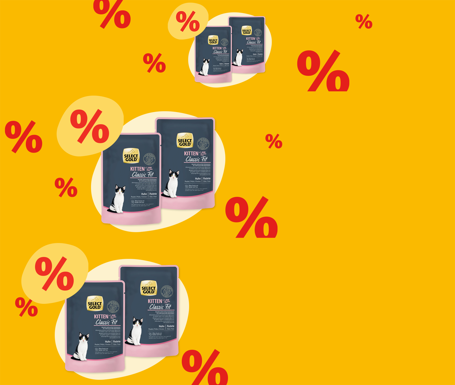 Select Gold Kitten Classic Fit karma dla kotów kurczak do 1 roku życia, opakowania z symbolami procentów na żółtym tle