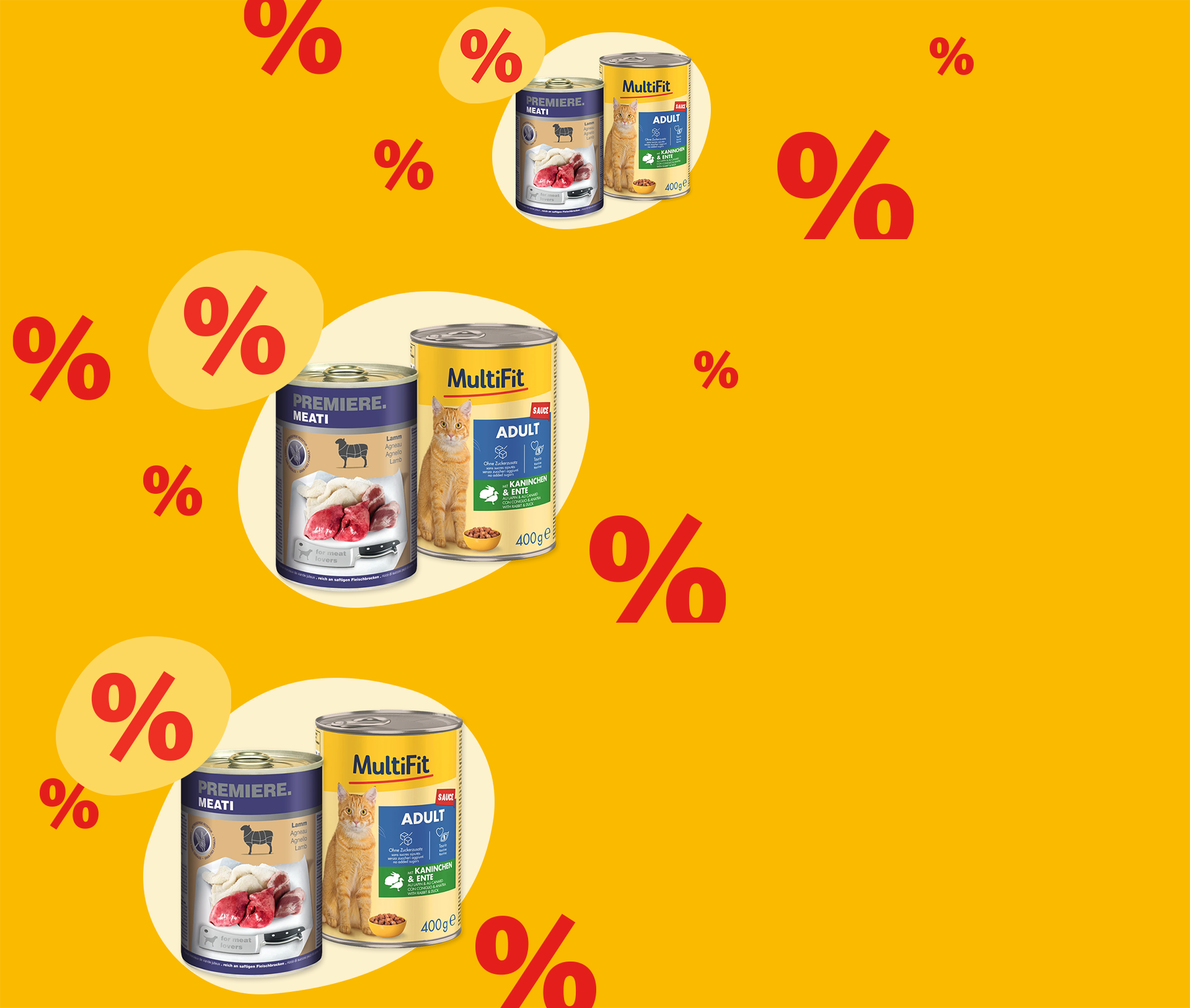 Trzy zestawy puszek karmy dla kotów marki PREMIERE MEATI i MultiFit ADULT z jagnięciną, królikiem i kaczką na żółtym tle z czerwonymi znakami procentowymi oznaczającymi promocję.
