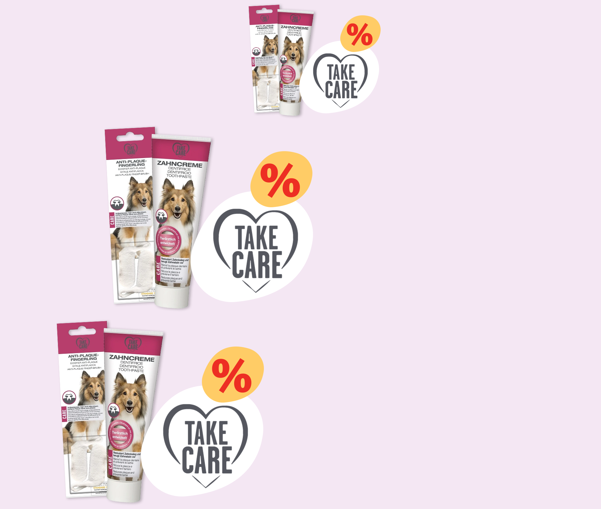 Trois ensembles de dentifrice et brosses anti-plaque pour chiens avec un Shetland Sheepdog sur l'emballage et un logo de réduction Take Care