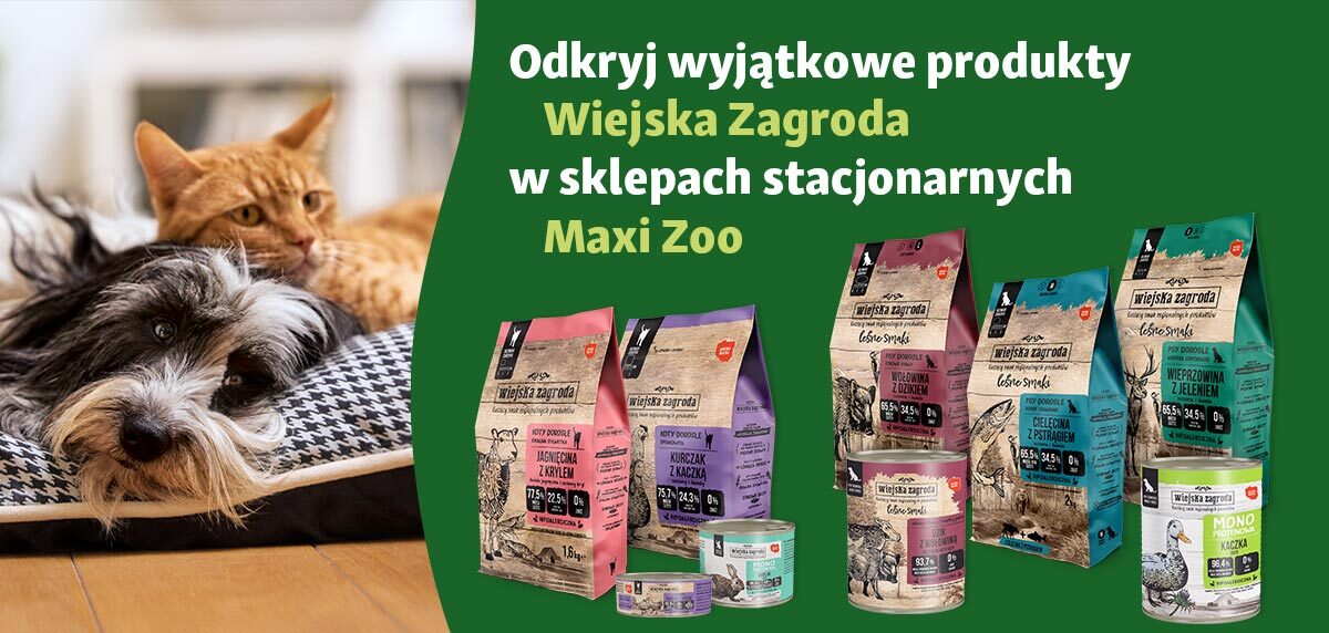 Reklama produktów dla zwierząt Wiejska Zagroda z psem i kotem, różne opakowania dostępne w sklepach Maxi Zoo