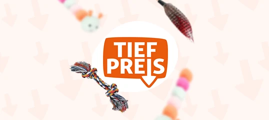 Bunte Haustierspielzeuge mit TIEF PREIS-Logo, günstige Angebote für Haustierbedarf