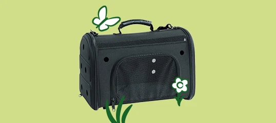 Black pet carrier bag with mesh windows, butterfly and flowers on green background