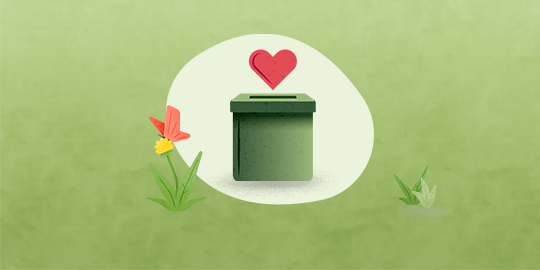 Grüne Wahlurne mit rotem Herzsymbol darüber, umgeben von einem Schmetterling auf einer gelben Blume und grünem Pflanzenmotiv vor grünem Hintergrund