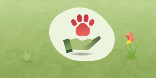 Main verte tenant une empreinte de patte rouge, concept de soin et de protection des animaux avec papillon et fleur en arrière-plan