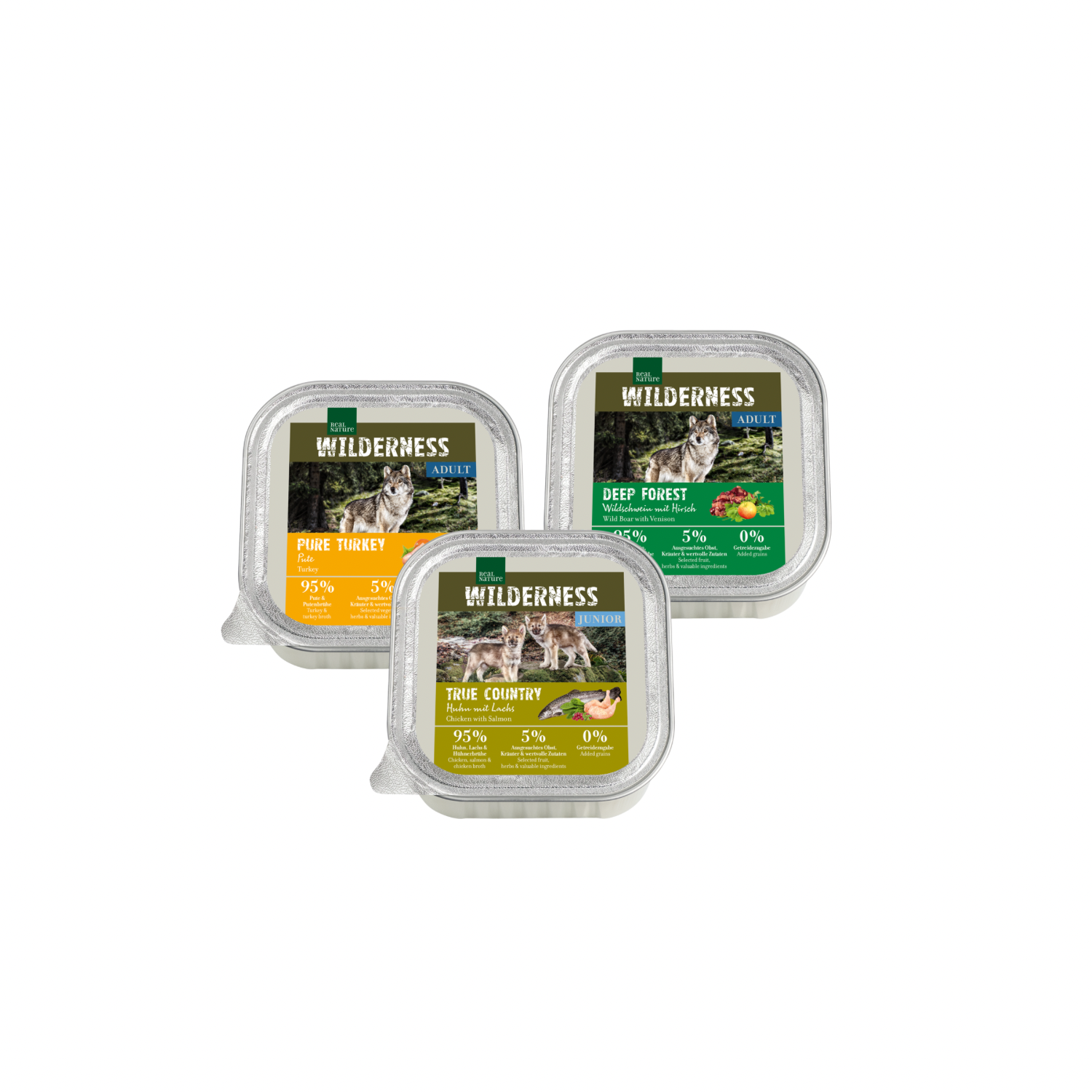 Abgebildet sind drei Schalen Hundenassnahrung 100 g in den Sorten Adult Pure Turkey, Junior True Country und Adult Deep Forest der Marke REAL NATURE WILDERNESS.