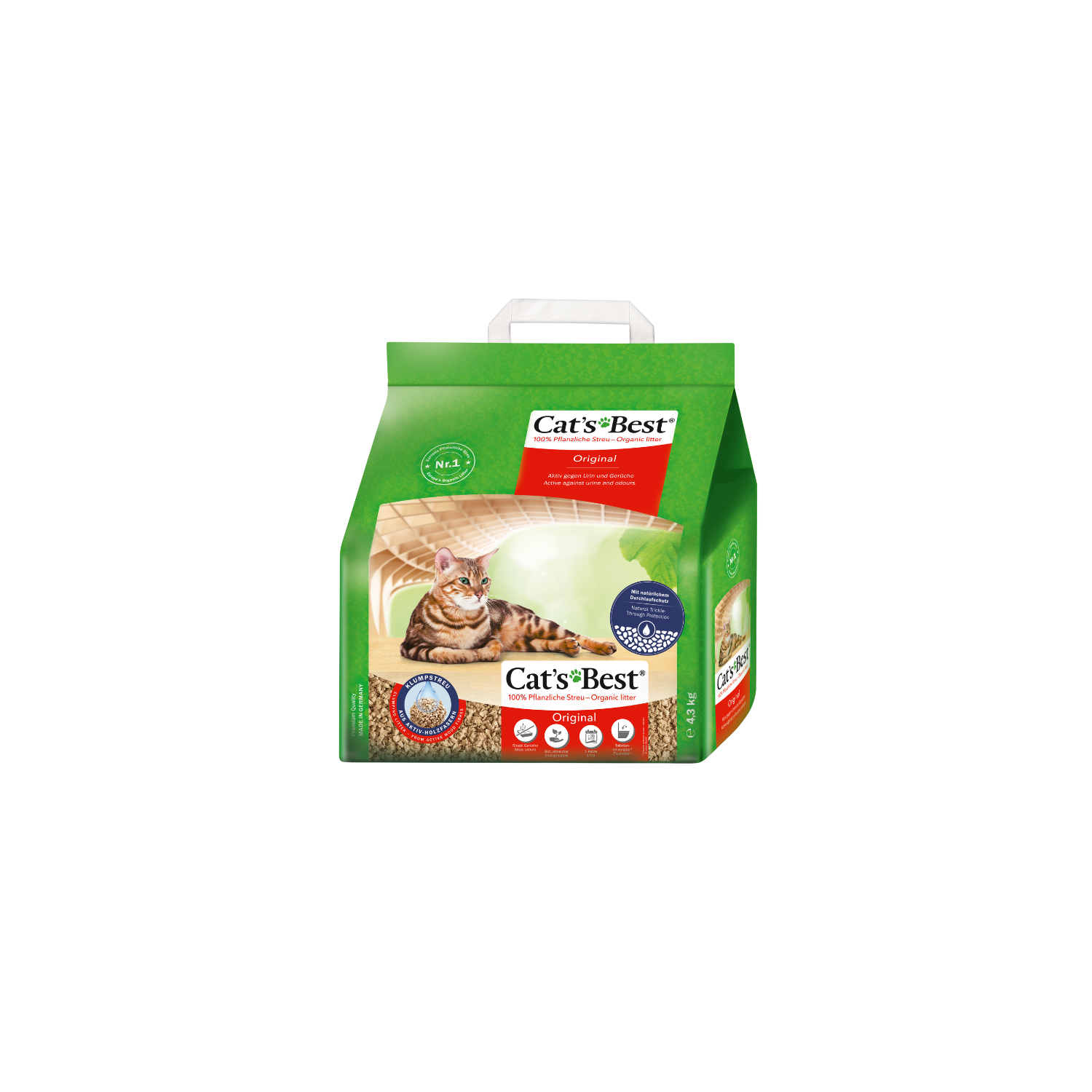 Abgebildet ist eine Packung Klumpstreus 4,3 kg der Marke Cat's Best.