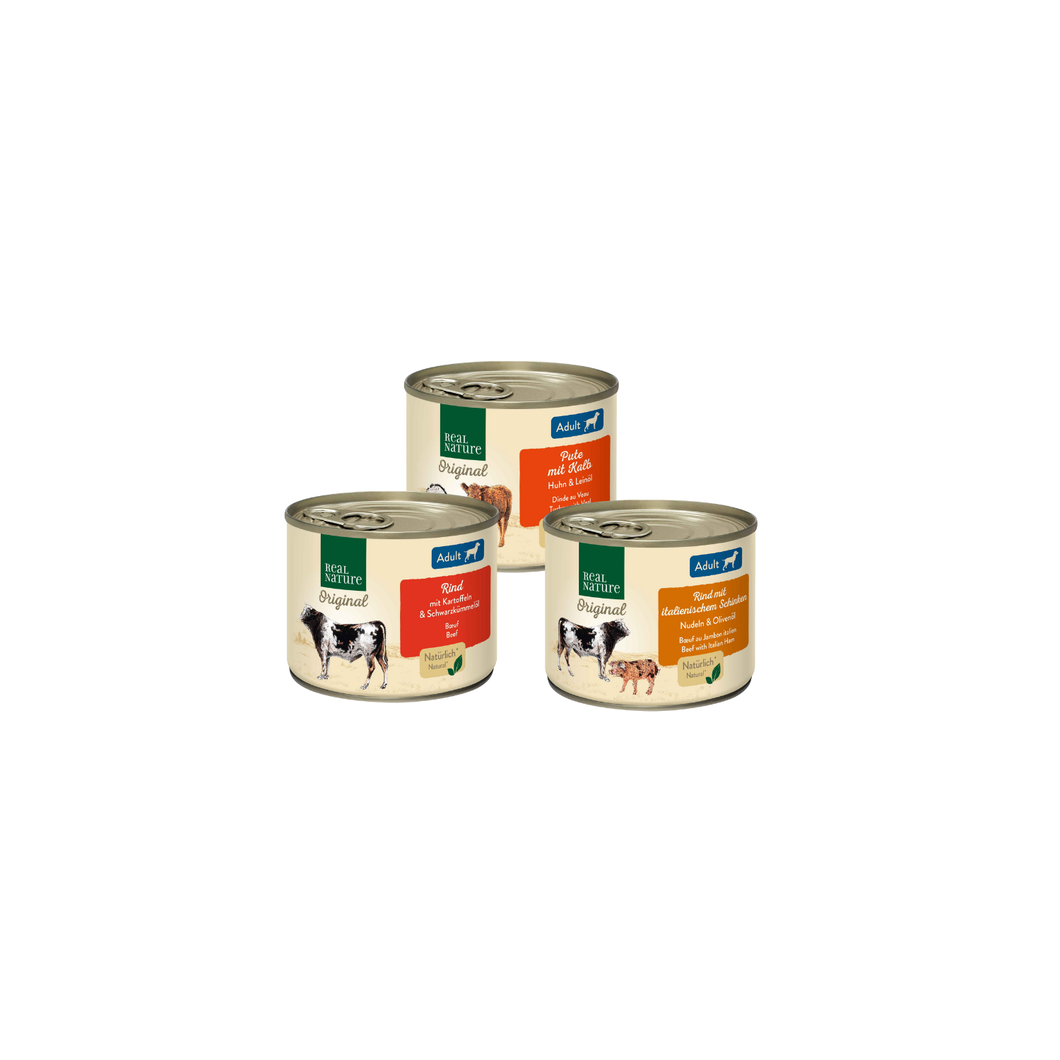 Abgebildet sind drei Dosen Hundenassnahrung 200g Rind, Pute mit Kalb und Rind mit italienischem Schinken der Marke REAL NATURE ORIGINAL.