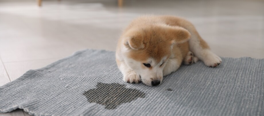 Ein Akita Inu Welpe liegt neben einer Urin-Pfütze auf dem Teppich und schämt sich Ein Akita Inu Welpe liegt neben einer Urin-Pfütze auf dem Teppich und schämt sich